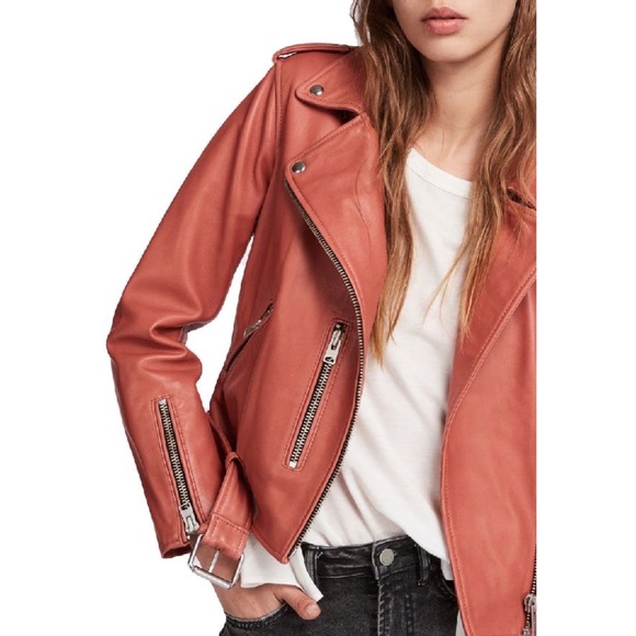 AllSaints Balfern Belted Coral Red Leather Biker Jacket Size 6 - Picture 14 of 16